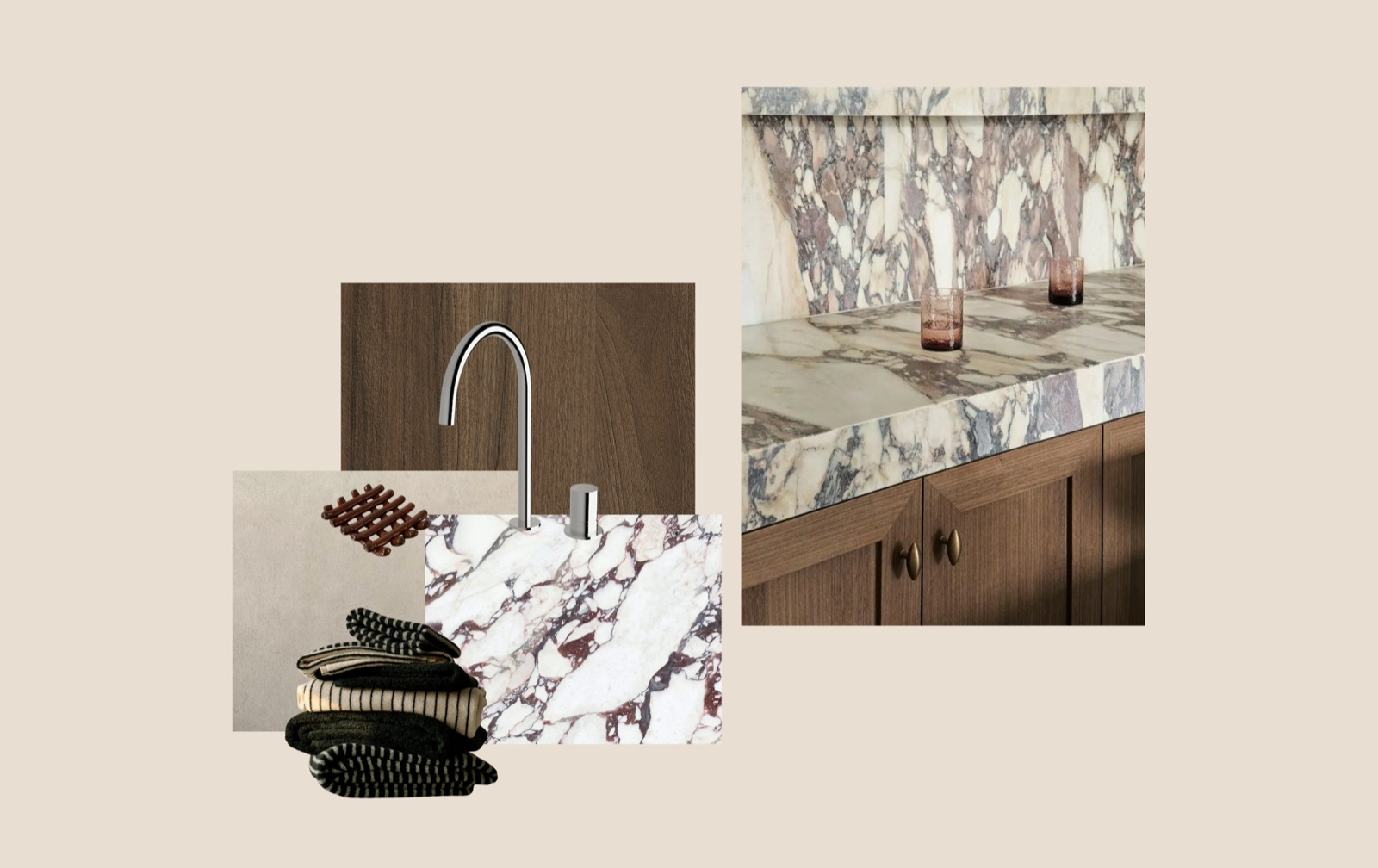 Marble benchtop and splashback with glassware, timber cabinetry below