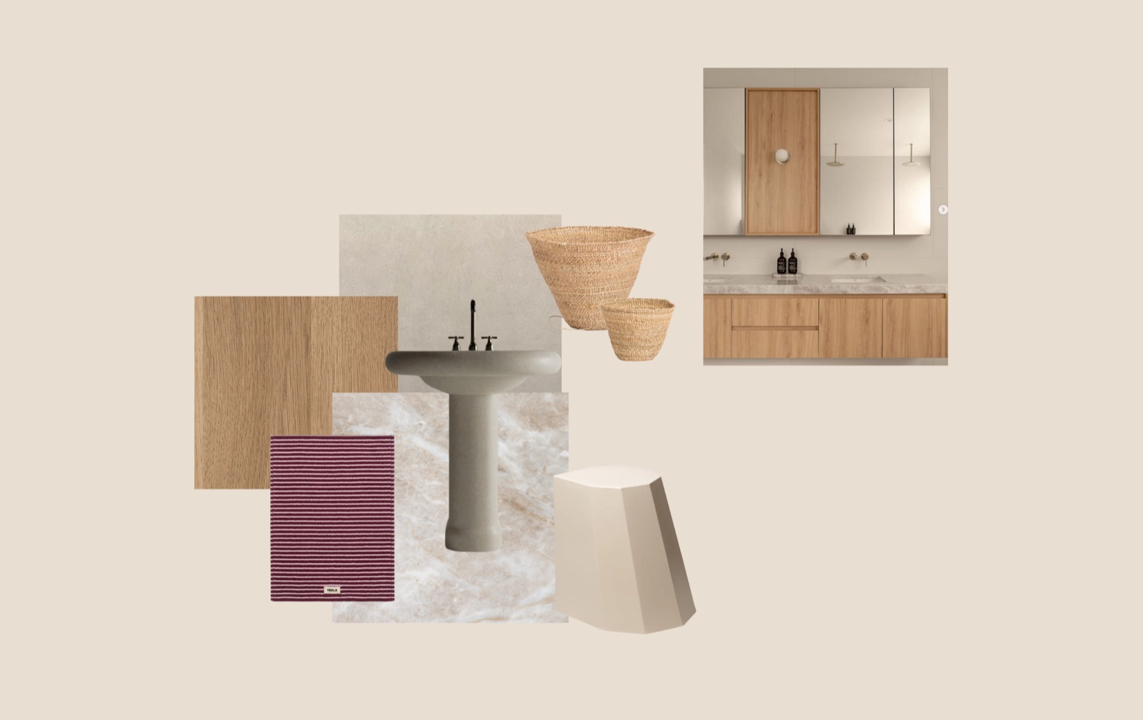 Moodboard and finished vanity for the light oak and Taj Mahal quartzite scheme