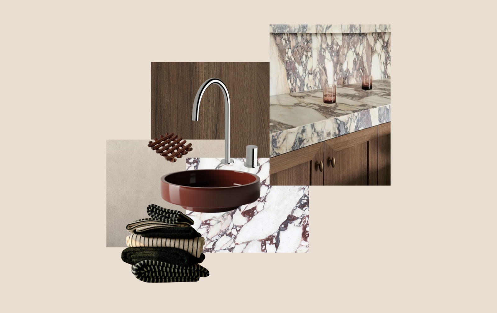 Marble benchtop and splashback with glassware, dark timber cabinetry below