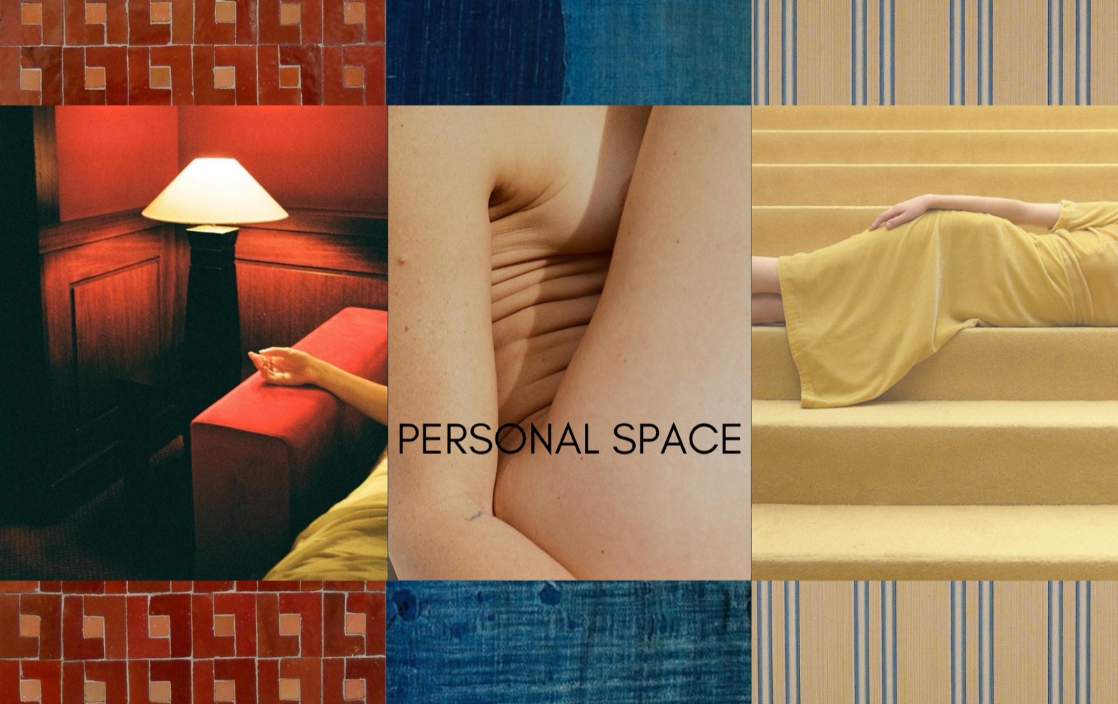 Personal Space mood collage of tiled surfaces, warm lamplight and textiles