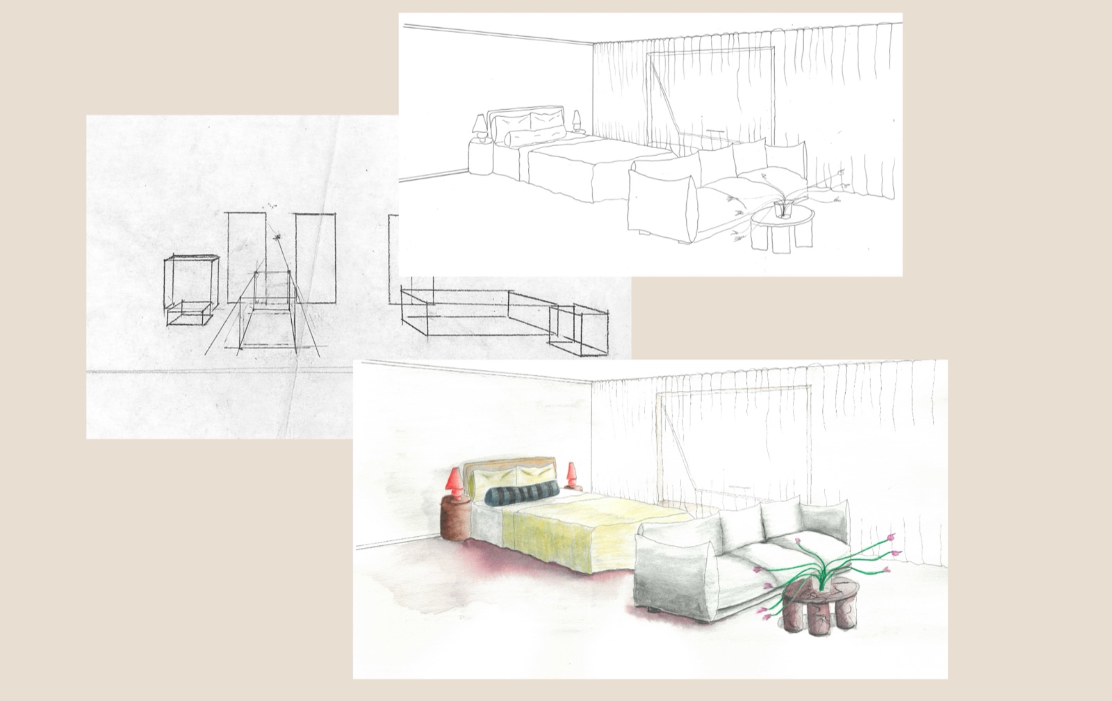 Hand-drawn and watercolour interior sketches for the Personal Space project
